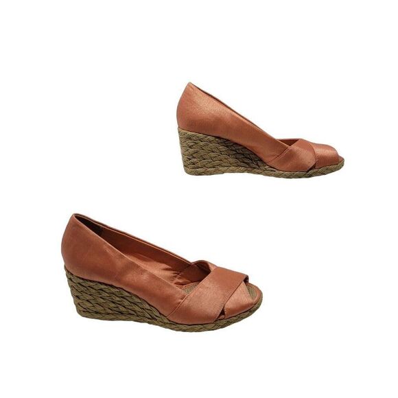 Adrienne Vittadini Bailee Satin Espadrille Wedge Heels 6 Peach Coral Peep Toe - Picture 6 of 12